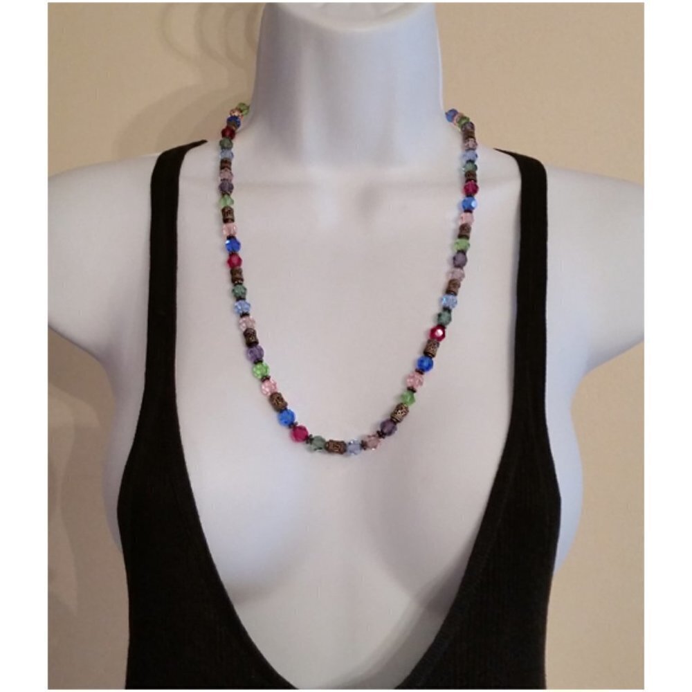 Vintage colorful vibrant artisan crystal glass necklace boho free spirit.